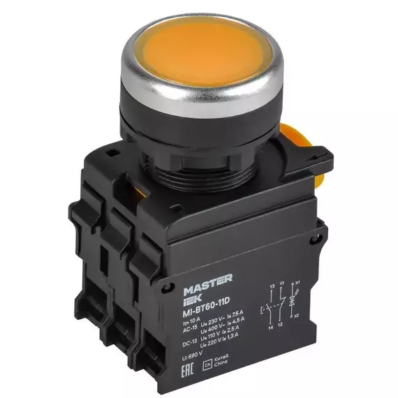 Кнопка d22мм 1НО+1НЗ MASTER с подсветкой желт. IEK MI-BT60-11D-3-12-K05
