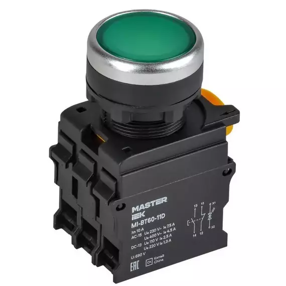 Кнопка d22мм 1НО+1НЗ MASTER с подсветкой зел. IEK MI-BT60-11D-3-12-K06