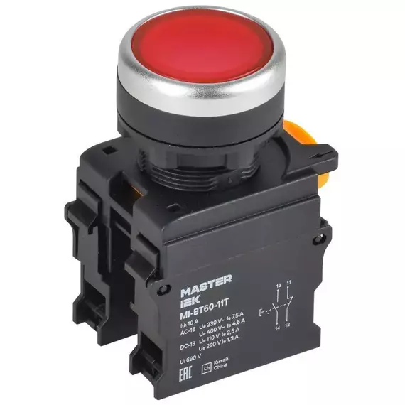 Кнопка d22мм 1НО+1НЗ MASTER с фиксацией красн. IEK MI-BT60-11T-3-21-K04