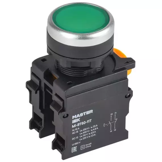 Кнопка d22мм 1НО+1НЗ MASTER с фиксацией зел. IEK MI-BT60-11T-3-21-K06
