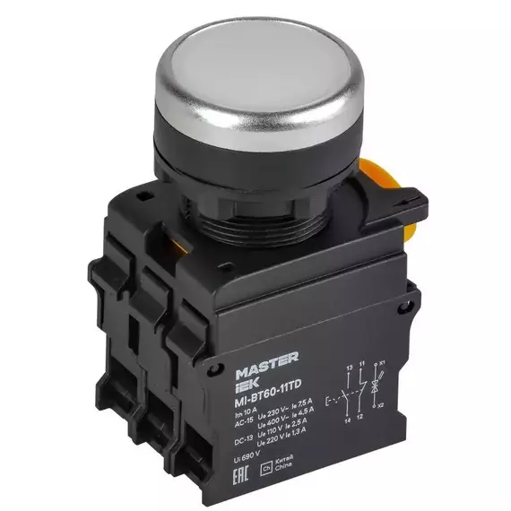 Кнопка d22мм 1НО+1НЗ MASTER с подсветкой и фиксацией бел. IEK MI-BT60-11TD-3-11-K01