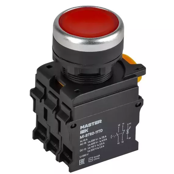 Кнопка d22мм 1НО+1НЗ MASTER с подсветкой и фиксацией красн. IEK MI-BT60-11TD-3-11-K04