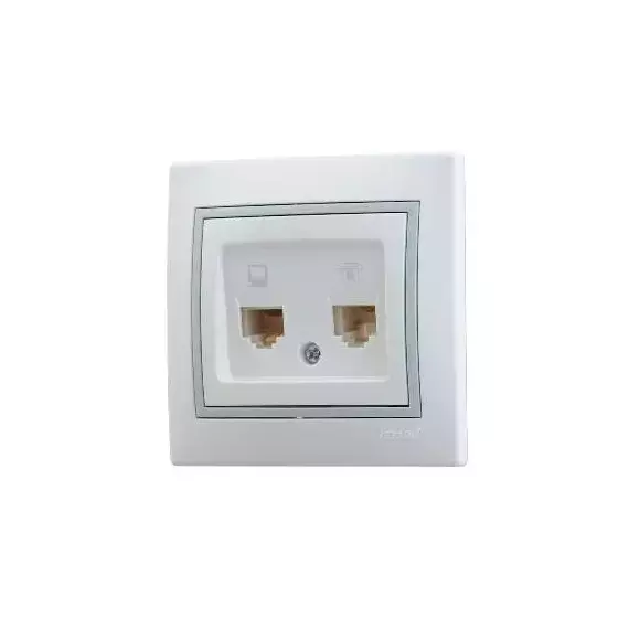 Розетка компьютерная RJ45 + телефонная RJ11 СП Мира 16А IP20 с сер. вставкой бел. LEZARD 701-0215-143