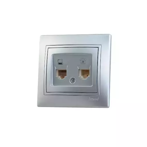 Розетка компьютерная + телеф. СП Мира RJ11 + RJ45 метал. сер. LEZARD 701-1010-143