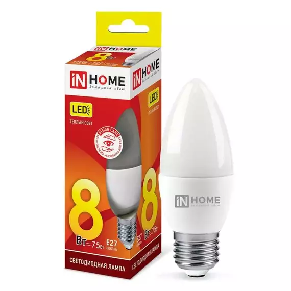 Лампа светодиодная LED-СВЕЧА-VC 8Вт 230В E27 3000К 720лм IN HOME 4690612020440
