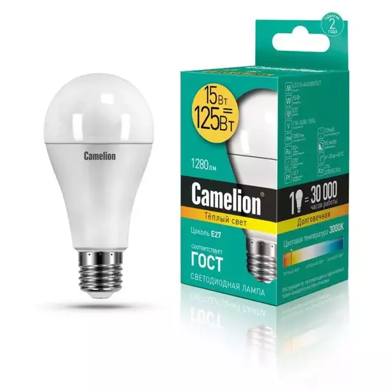 Лампа светодиодная LED15-A65/830/E27 15Вт грушевидная 3000К тепл. бел. E27 1280лм 170-265В Camelion 12196 / 12185