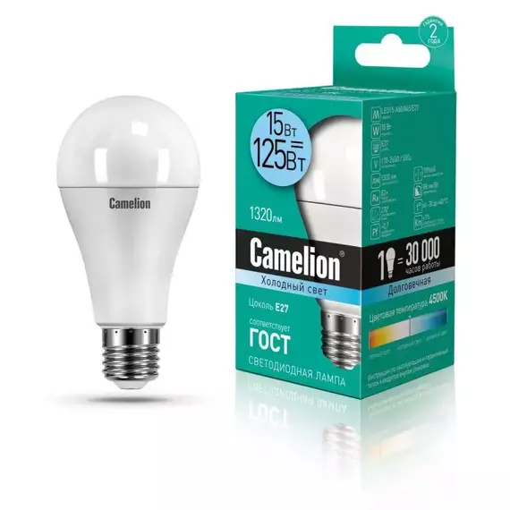 Лампа светодиодная LED15-A60/845/E27 15Вт грушевидная 4500К E27 1320лм 220В бел. Camelion 12186