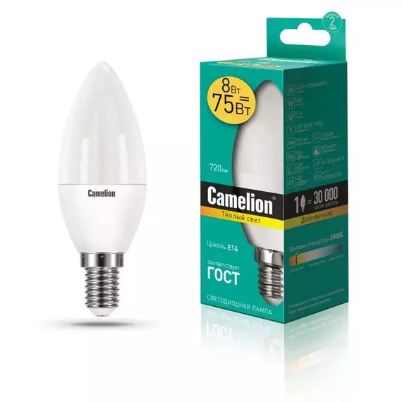 Лампа светодиодная LED8-C35/830/E14 8Вт свеча 3000К тепл. бел. E14 720лм 170-265В Camelion 12385