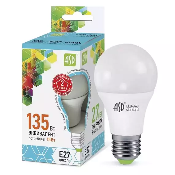Лампа светодиодная LED-A60-standard 15Вт грушевидная 4000К бел. E27 1350лм 160-260В ASD 4690612002101
