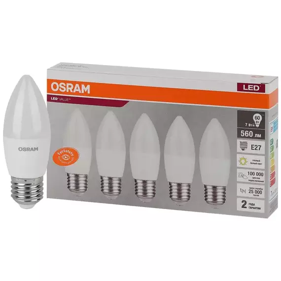 Лампа светодиодная LED Value LVCLB60 7SW/830 свеча матовая E27 230В 2х5 RU (уп.5шт) OSRAM 4058075578012