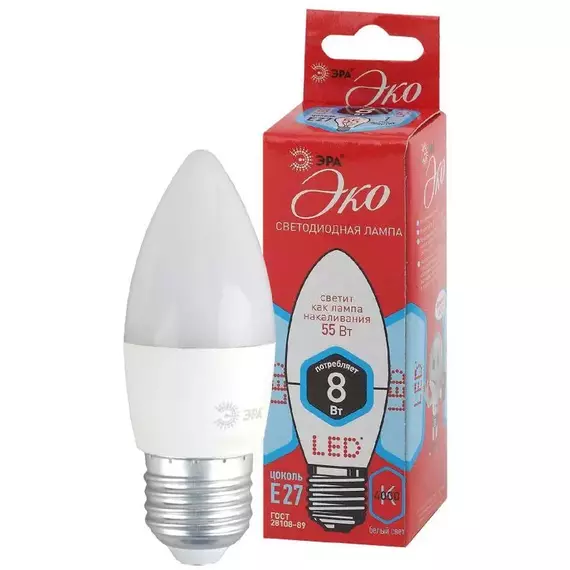 Лампа светодиодная ECO LED B35-8W-840-E27 ЭРА Б0030021