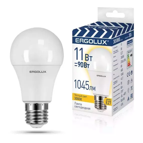 Лампа светодиодная LED-A60-11W-E27-3K "ПРОМО" ЛОН 11Вт Е27 3000К 220-240В Ergolux 14458