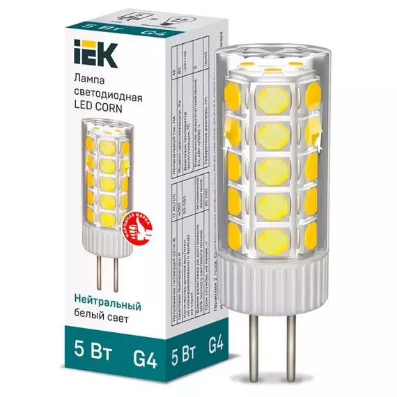 Лампа светодиодная CORN 5Вт капсула 4000К G4 12В керамика IEK LLE-CORN-5-012-40-G4