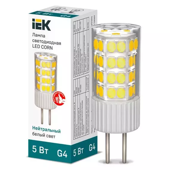 Лампа светодиодная CORN 5Вт капсула 4000К G4 230В керамика IEK LLE-CORN-5-230-40-G4