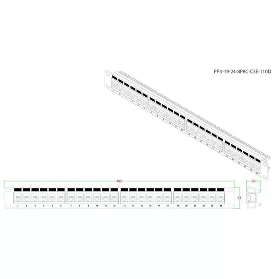 Патч-панель 19дюйм 1U RJ45 кат.5e 24 порта PP3-19-24-8P8C-C5E-110D черн. Hyperline 246095, изображение 3