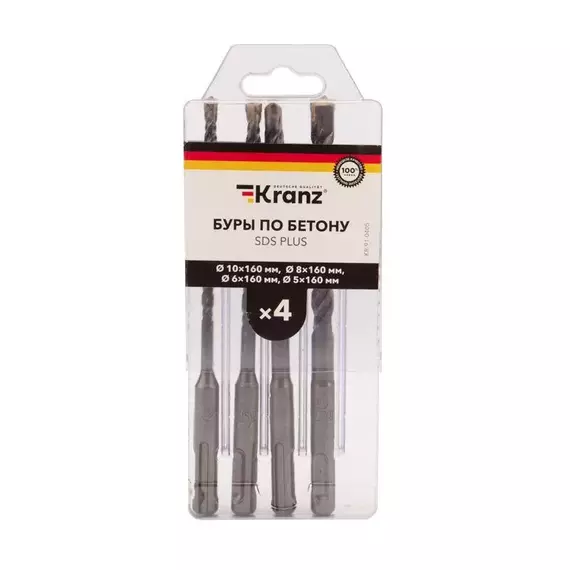 Набор буров по бетону 5-6-8-10х160мм 4шт пластик. коробка SDS PLUS Kranz KR-91-0405, изображение 2