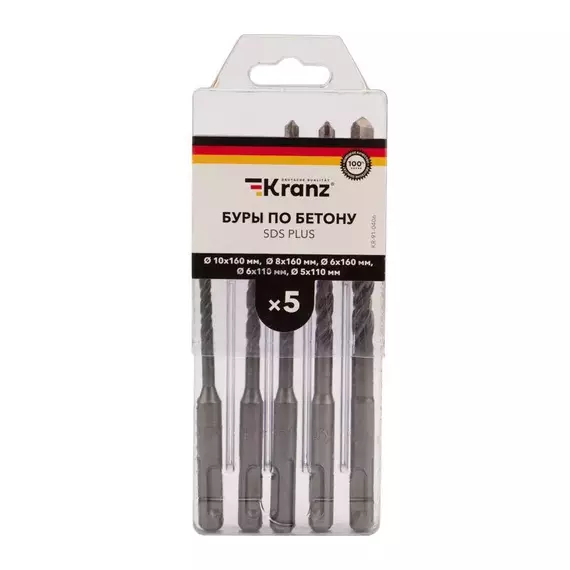 Набор буров по бетону 5-6х110 6-8-10х160мм 5шт пластик. коробка SDS PLUS Kranz KR-91-0406, изображение 3