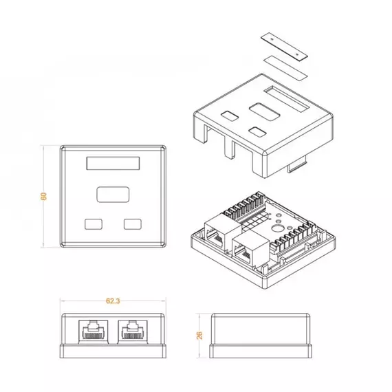 Розетка компьютерная 2-м ОП Dual IDC SB1-2-8P8C-C6-WH RJ45 (8P8C) кат.6 Hyperline 430235, изображение 2