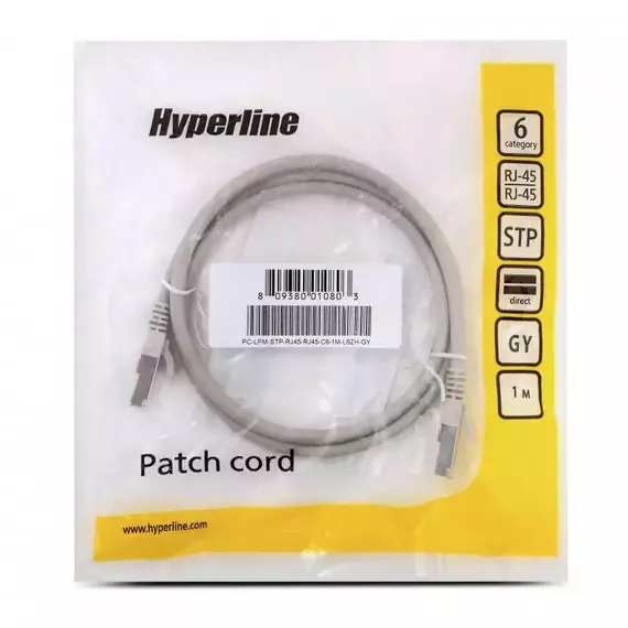 Патч-корд PC-LPM-STP-RJ45-RJ45-C6-1M-LSZH-GY F/UTP экран. кат.6 LSZH 1м сер. Hyperline 42373, изображение 2