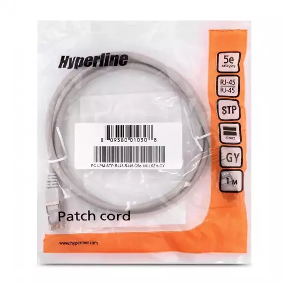 Патч-корд PC-LPM-STP-RJ45-RJ45-C5e-1M-LSZH-GY F/UTP экран. кат.5e LSZH 1м сер. Hyperline 42308, изображение 2