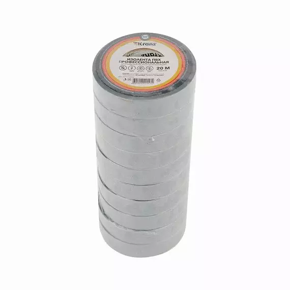 Изолента ПВХ профессиональная 0.18х19мм 20м сер. Kranz KR-09-2808, изображение 2