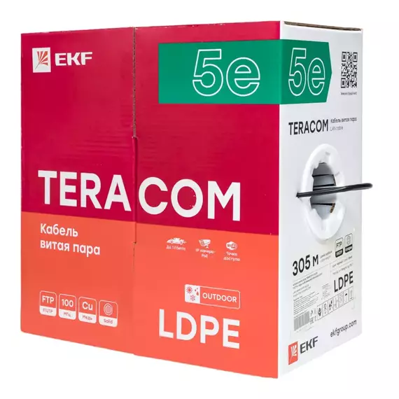 Кабель витая пара F/UTP кат.5e 4 пары solid внешний оболочка LDPE черн. TERACOM EKF TRC-5EFTP-04PE-BK-OUT3, изображение 4