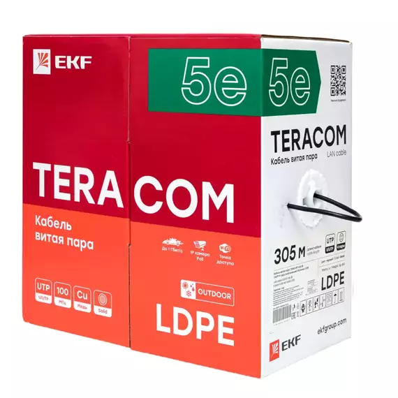 Кабель витая пара U/UTP кат.5e 4 пары solid внешний оболочка LDPE черн. TERACOM EKF TRC-5EUTP-04PE-BK-OUT3, изображение 4