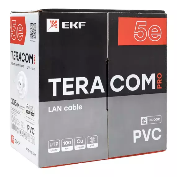 Кабель витая пара U/UTP кат.5e 4 пары solid 24AWG PVC сер. TERACOM PRO PRO EKF TRP-5EUTP-04PVC-GY-IN3, изображение 3