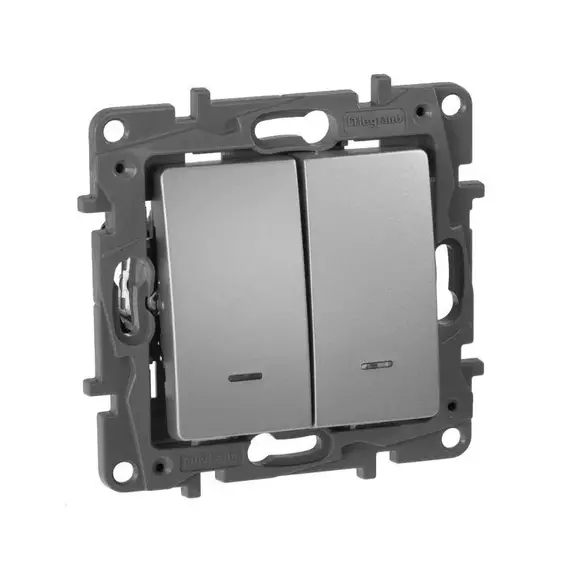 Переключатель 2-кл. СП Etika Plus 10А IP20 250В 10AX с подсветкой безвинтов. зажимы механизм алюм. Leg 672416, изображение 2