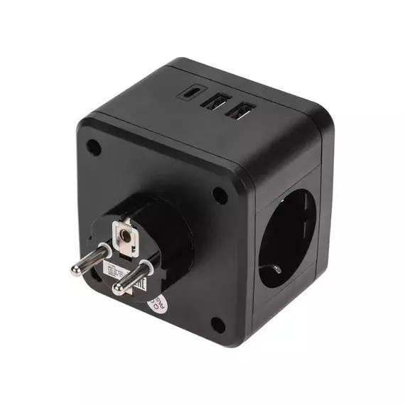 Двойник электрический Куб 16А с/з+2хUSB-A 2.4А+USB Type-C 3А с ночной подсветкой черн. Rexant 11-1252, изображение 2