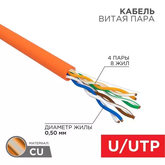 Кабель витая пара U/UTP кат.5E 4х2х24AWG нг(А)-HF медь оранж. 305м (м) Rexant 01-0049, изображение 6