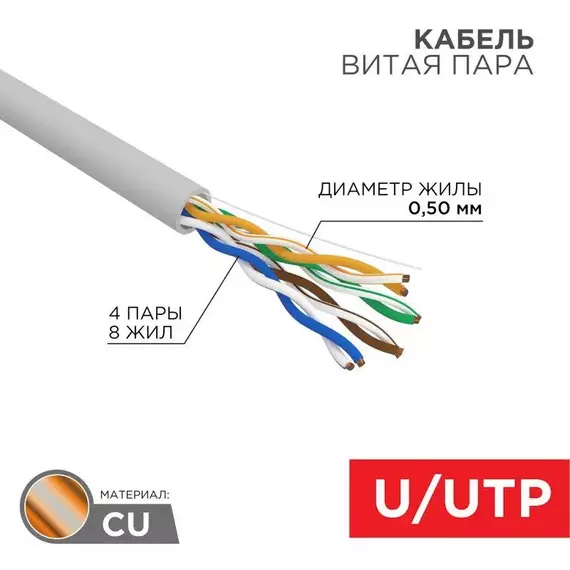 Кабель витая пара U/UTP кат.5E 4х2х24AWG solid CU ZH нг(А)-HF сер. (305м) Rexant 01-0069