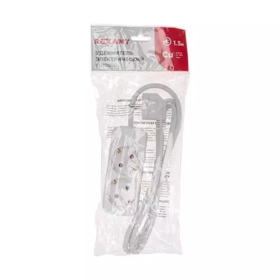 Удлинитель 2х1.5м с заземл. STANDARD 3х1кв.мм бел. Rexant 13-4003, изображение 5