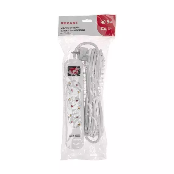 Удлинитель 3х5м с заземл. STANDARD 2хUSB 3х1кв.мм с выкл. бел. Rexant 13-4017, изображение 7