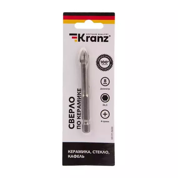 Сверло по стеклу и керамике 8мм 4 грани шестигранный хвостовик Kranz KR-91-0650, изображение 3