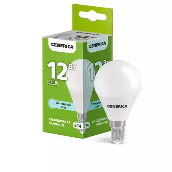 Лампа светодиодная G45 12Вт шар 6500К E14 230В GENERICA LL-G45-12-230-65-E14-G